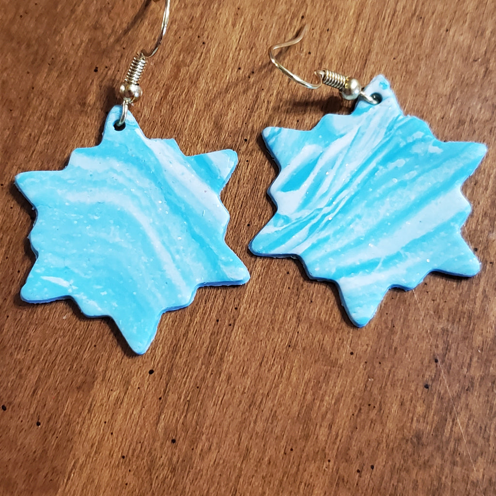 Blue Marbled Snowflake Earrings